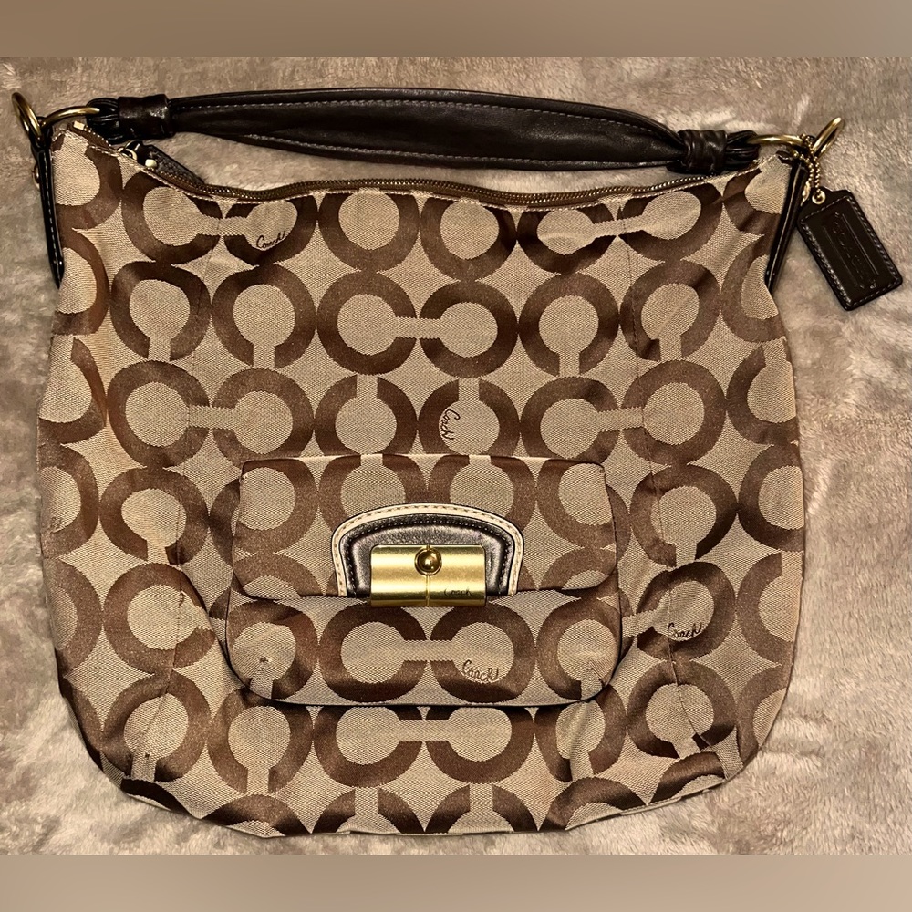 Coach Kristin Handbag Op Art Khaki/Brown Sateen Canvas Hobo Shoulder Bag